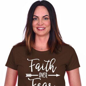 JH Design Women's Religious Christian Faith Over Fear Brown T-Shirt
